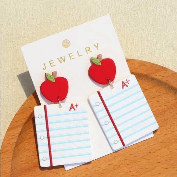 Apple Shaped Book & Notebook Printed Ceramic Texture Acrylic Earrings - Picture 5 of 7